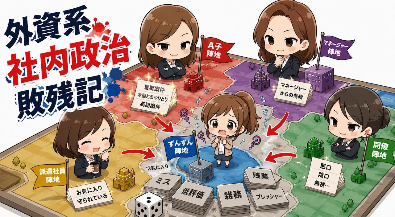 note記事「外資系社内政治敗残記」のイラスト。すごろくの盤の上に「A子陣地」「マネージャー陣地」「派遣社員陣地」「同僚陣地」が並び、真ん中で囲まれたずんずんに向かって、「ミス」「低評価」「雑務」「残業」「悪口」などのカードと赤い矢印が集まっている